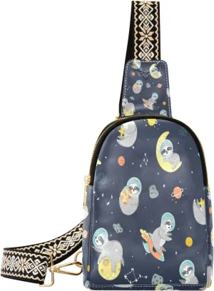Small Sling Bag Waist Packs Leather Crossbody Packs Chest Bag Cute Sloth Astronaut Space Planet for Women Travel Belt Purse