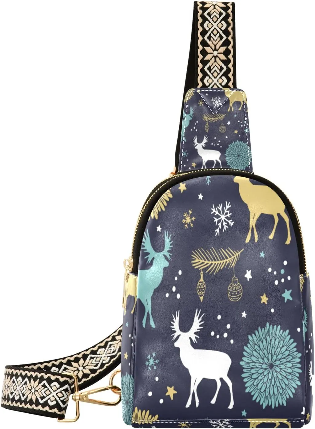 Small Sling Bag Waist Packs Leather Crossbody Packs Chest Bag Deer Snowflake Christmas for Women Travel Belt Purse