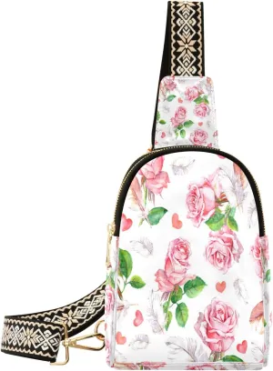 Small Sling Bag Waist Packs Leather Crossbody Packs Chest Bag Feather Pink Rose for Women Travel Belt Purse