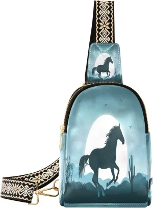 Small Sling Bag Waist Packs Leather Crossbody Packs Chest Bag Moonlight Horse for Women Travel Belt Purse