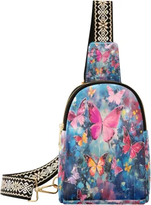 Small Sling Bag Waist Packs Leather Crossbody Packs Chest Bag Pink Butterfly for Women Travel Belt Purse