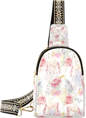 Small Sling Bag Waist Packs Leather Crossbody Packs Chest Bag Pink Flower Unicorn for Women Travel Belt Purse
