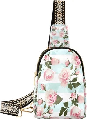 Small Sling Bag Waist Packs Leather Crossbody Packs Chest Bag Pink Rose for Women Travel Belt Purse