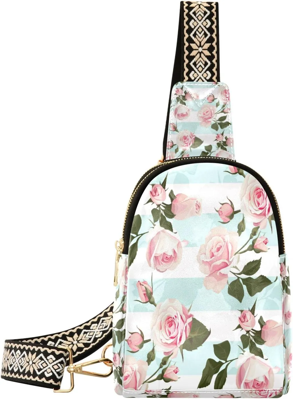 Small Sling Bag Waist Packs Leather Crossbody Packs Chest Bag Pink Rose for Women Travel Belt Purse