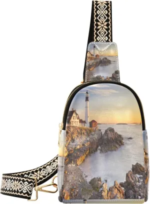 Small Sling Bag Waist Packs Leather Crossbody Packs Chest Bag Portland Head Lighthouse for Women Travel Belt Purse