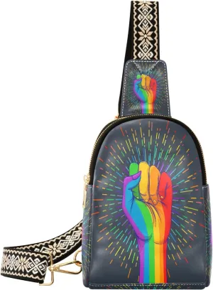 Small Sling Bag Waist Packs Leather Crossbody Packs Chest Bag Rainbow Fist Pride for Women Travel Belt Purse