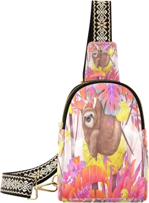Small Sling Bag Waist Packs Leather Crossbody Packs Chest Bag Sloth Hanging on Tropical Tree Pink for Women Travel Belt Purse