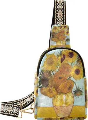 Small Sling Bag Waist Packs Leather Crossbody Packs Chest Bag Van Gogh Sunflower for Women Travel Belt Purse