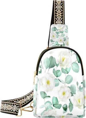 Small Sling Bag Waist Packs Leather Crossbody Packs Chest Bag White Camellia for Women Travel Belt Purse