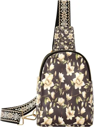 Small Sling Bag Waist Packs Leather Crossbody Packs Chest Bag White Magnolia Flowers for Women Travel Belt Purse