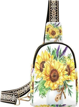Small Sling Bag Waist Packs Leather Crossbody Packs Chest Bag Yellow Sunflower Flower 2 for Women Travel Belt Purse
