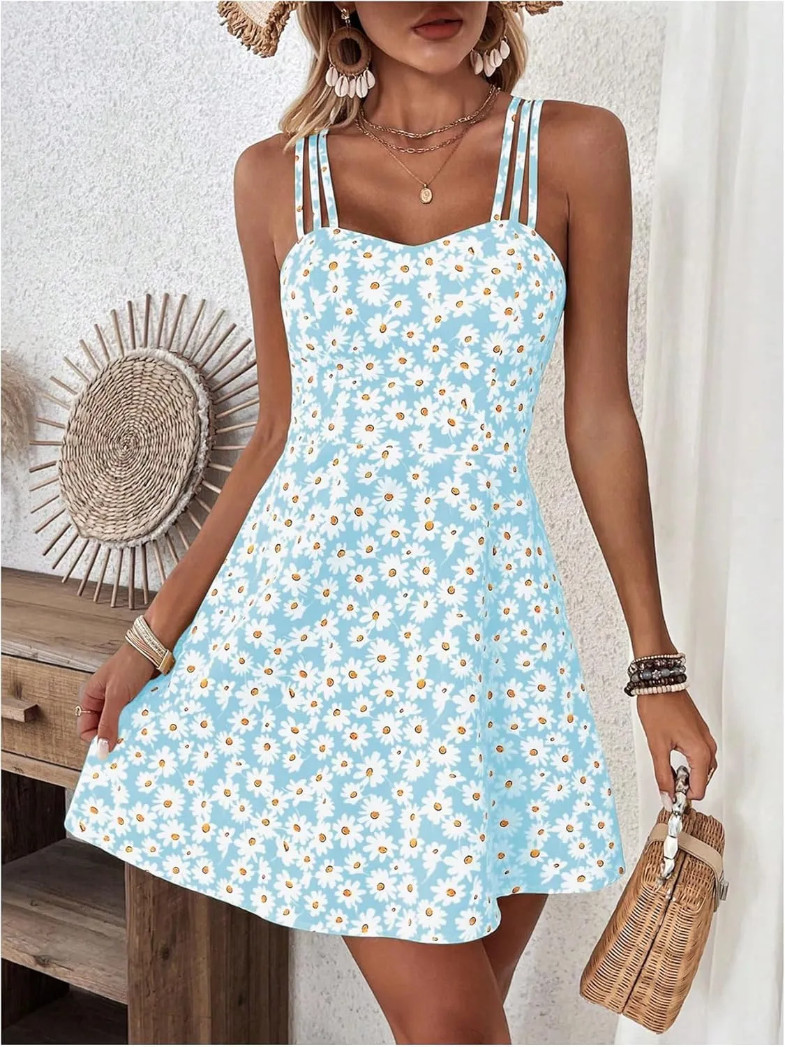 SOLY HUX Women's Floral Print Cami Dress Spaghetti Strap A Line Flowy Summer Mini Dresses Sundress