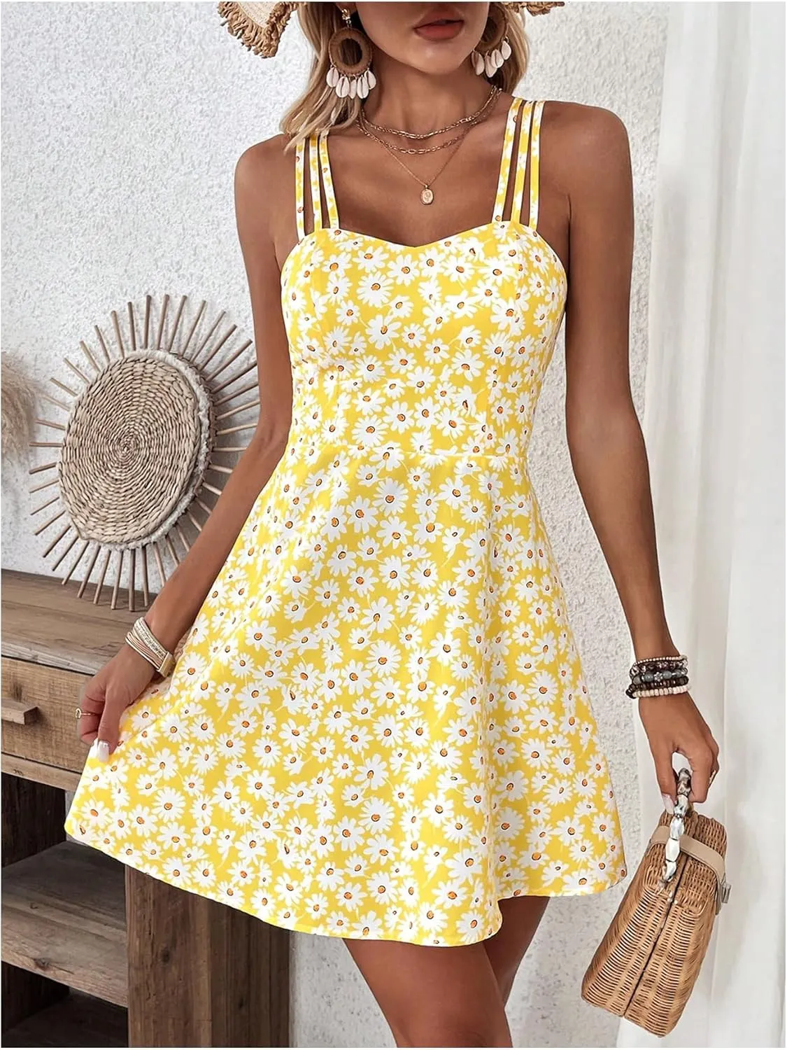 SOLY HUX Women's Floral Print Cami Dress Spaghetti Strap A Line Flowy Summer Mini Dresses Sundress