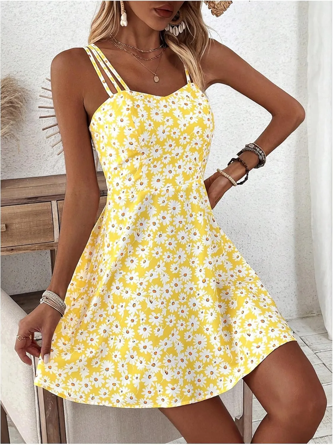 SOLY HUX Women's Floral Print Cami Dress Spaghetti Strap A Line Flowy Summer Mini Dresses Sundress