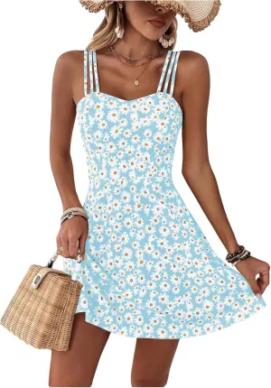 SOLY HUX Women's Floral Print Cami Dress Spaghetti Strap A Line Flowy Summer Mini Dresses Sundress