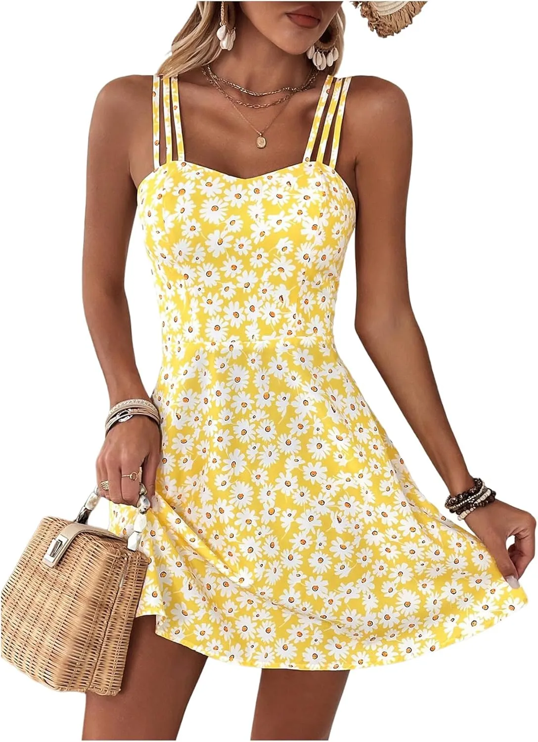 SOLY HUX Women's Floral Print Cami Dress Spaghetti Strap A Line Flowy Summer Mini Dresses Sundress