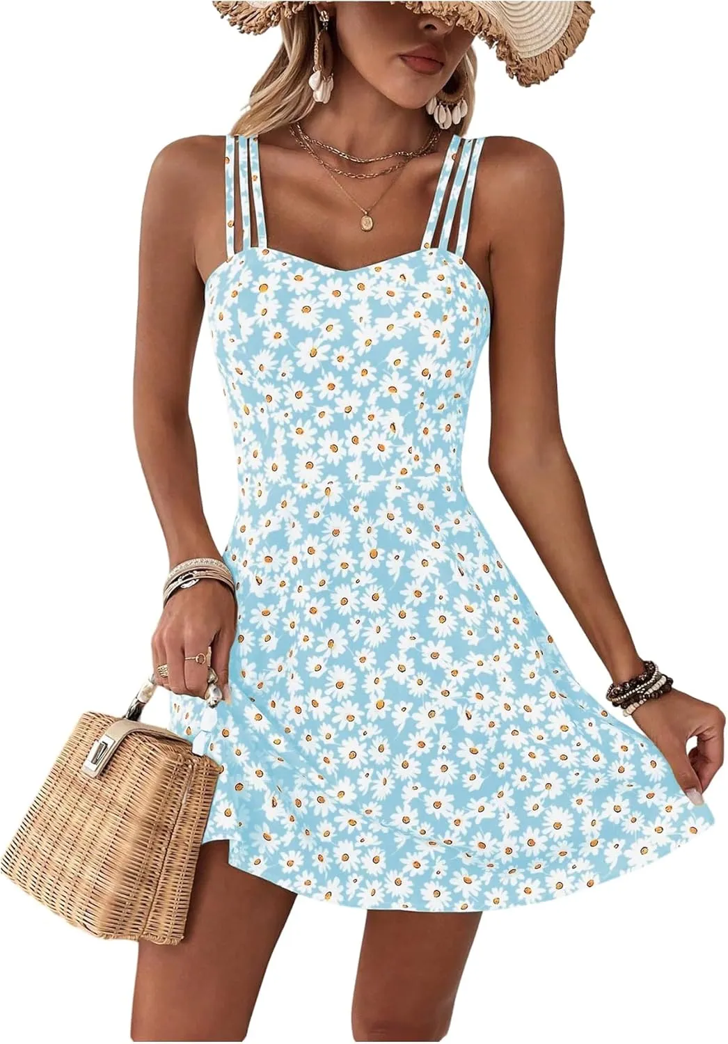 SOLY HUX Women's Floral Print Cami Dress Spaghetti Strap A Line Flowy Summer Mini Dresses Sundress