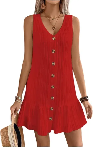 SOLY HUX Women's V Neck Button Down Mini Dress Sleeveless Ruffle Dressy Casual Summer Textured Dresses