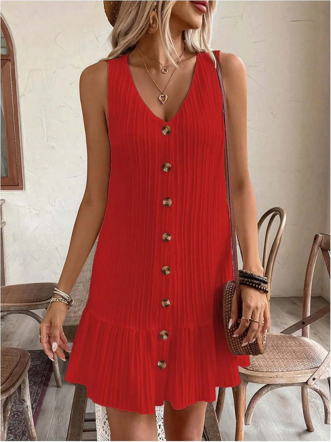 SOLY HUX Women's V Neck Button Down Mini Dress Sleeveless Ruffle Dressy Casual Summer Textured Dresses