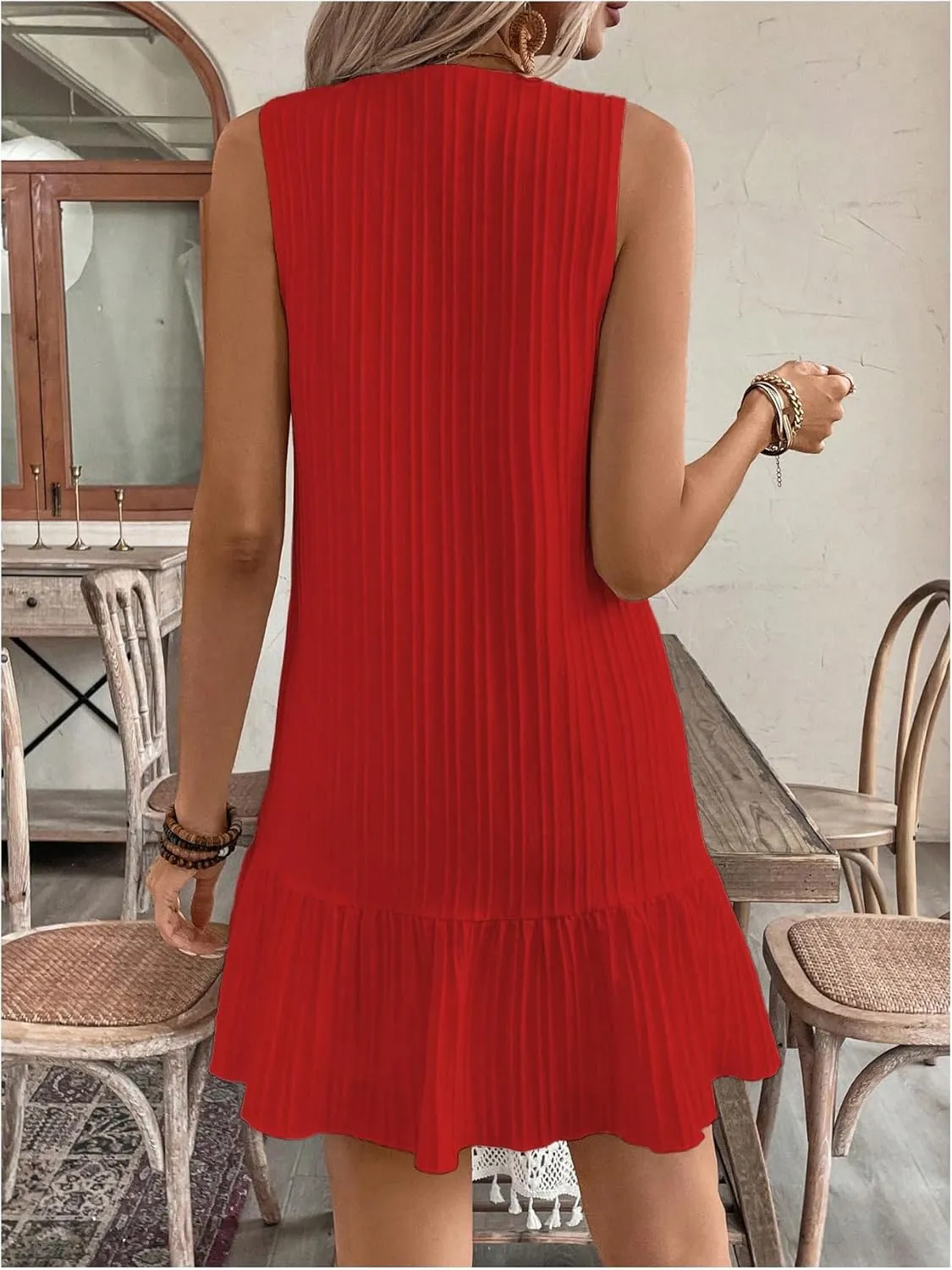 SOLY HUX Women's V Neck Button Down Mini Dress Sleeveless Ruffle Dressy Casual Summer Textured Dresses