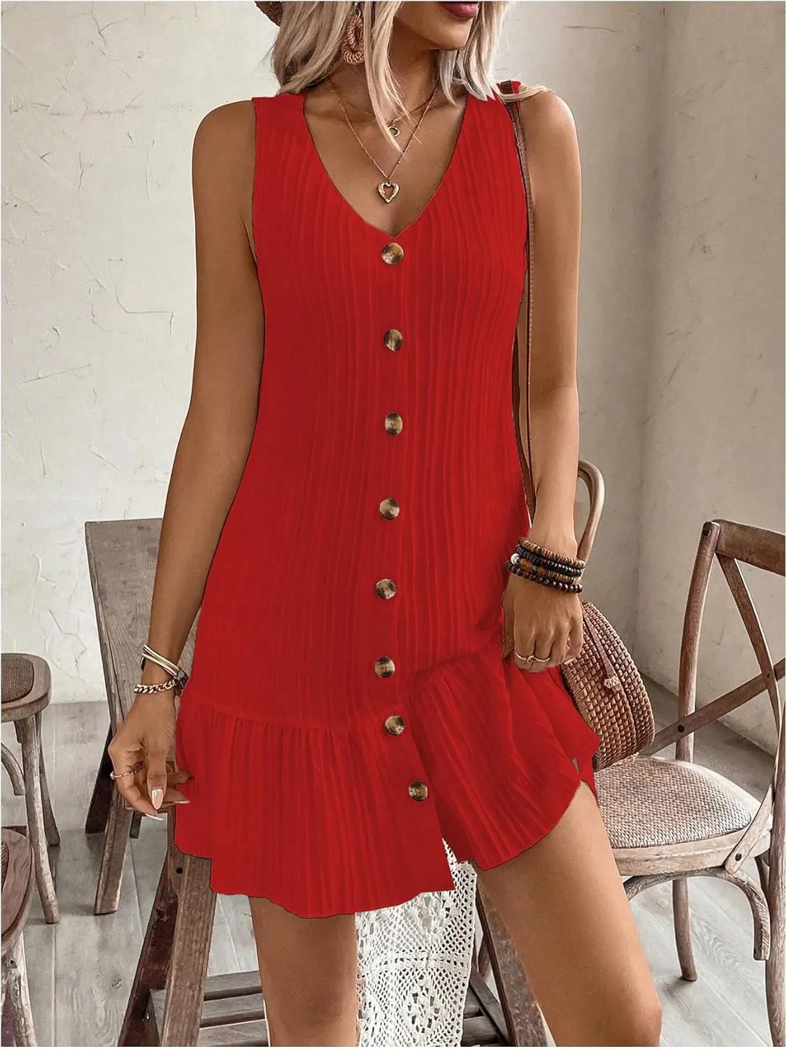 SOLY HUX Women's V Neck Button Down Mini Dress Sleeveless Ruffle Dressy Casual Summer Textured Dresses