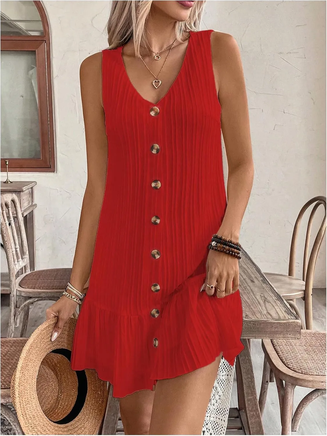 SOLY HUX Women's V Neck Button Down Mini Dress Sleeveless Ruffle Dressy Casual Summer Textured Dresses