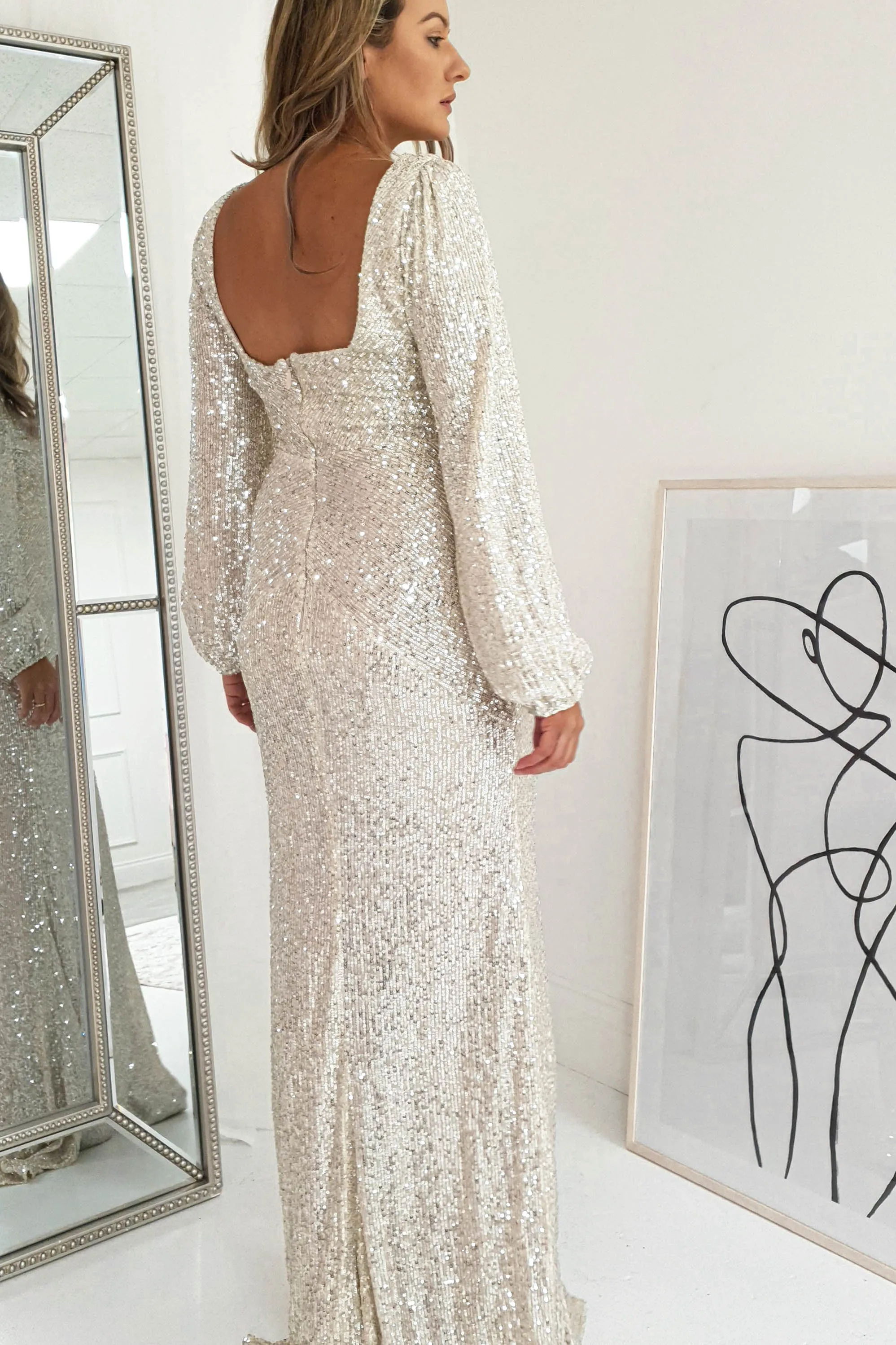 Sorelle Sequin Long Sleeve Gown | Champagne