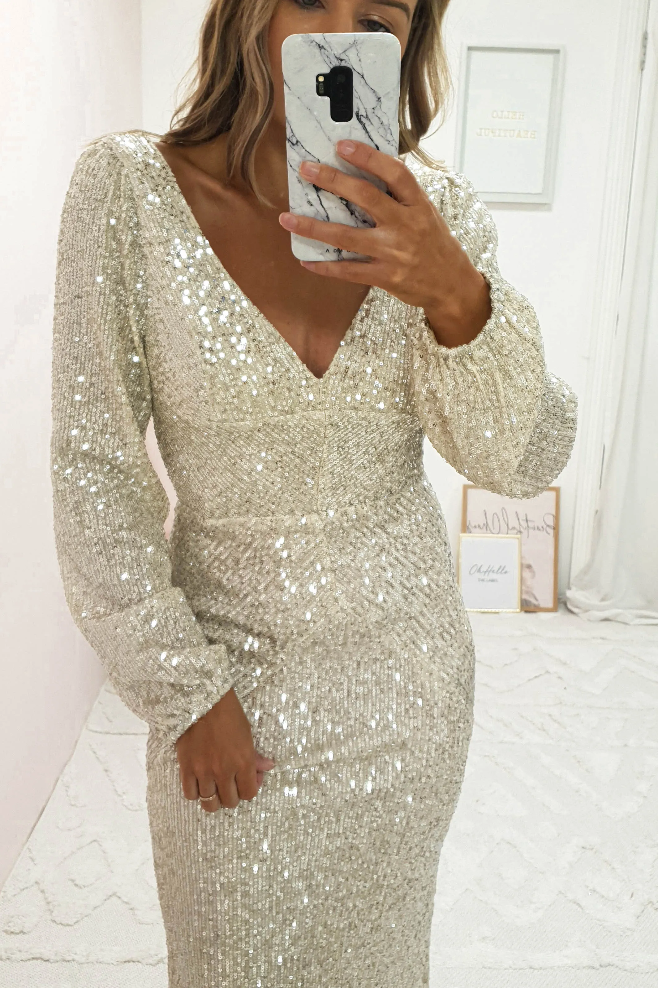 Sorelle Sequin Long Sleeve Gown | Champagne