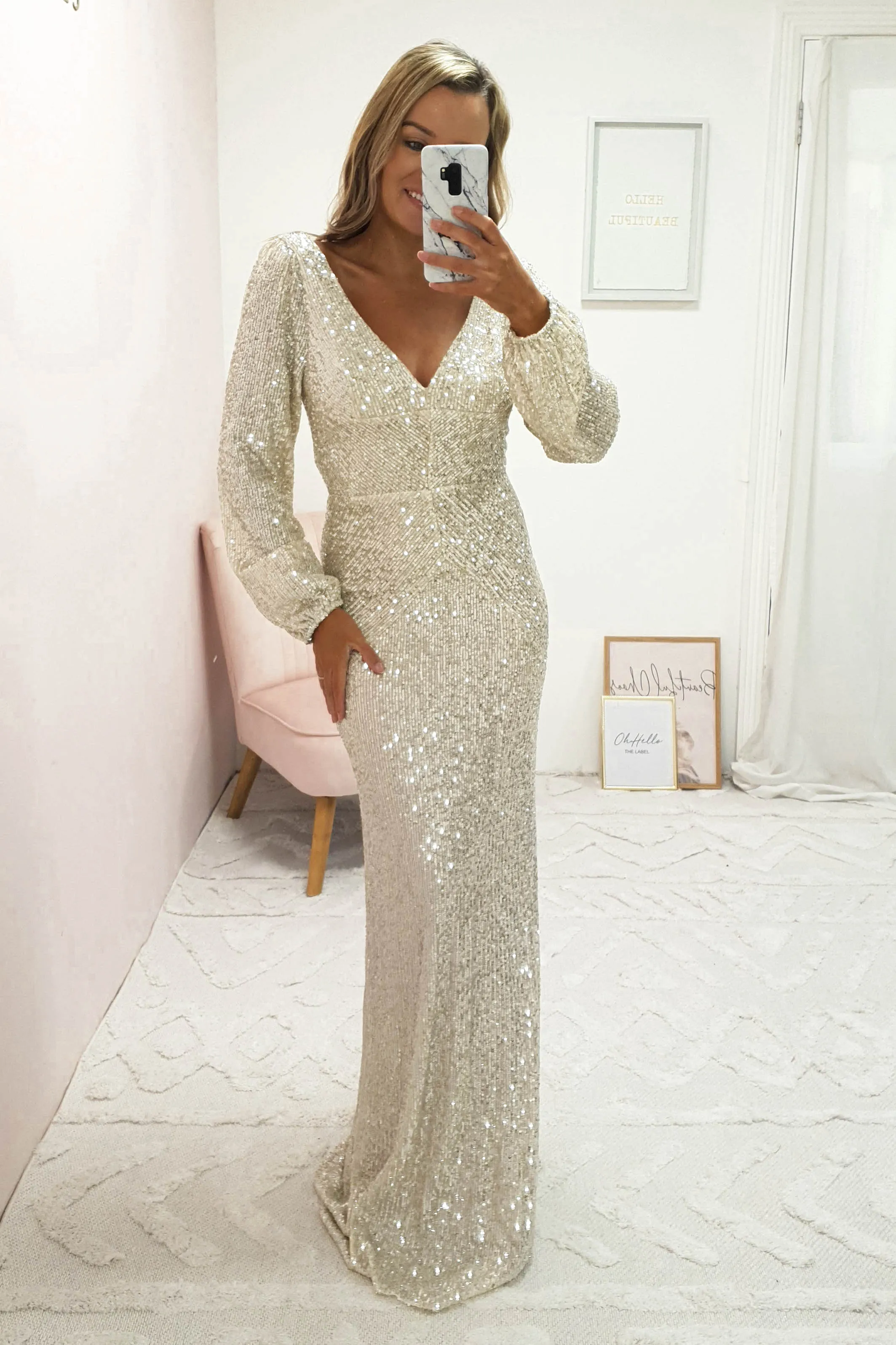 Sorelle Sequin Long Sleeve Gown | Champagne