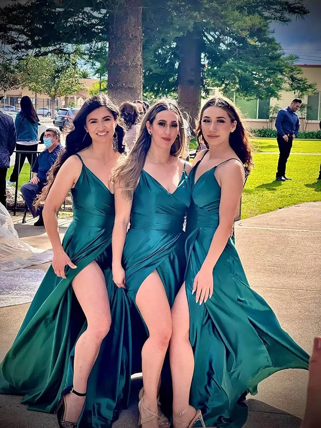 Spaghetti Strap V Neck Satin Bridesmaid Dresses for Women Long A Line Evening Formal Gowns Prom Dress with Slit