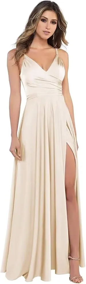 Spaghetti Strap V Neck Satin Bridesmaid Dresses for Women Long A Line Evening Formal Gowns Prom Dress with Slit