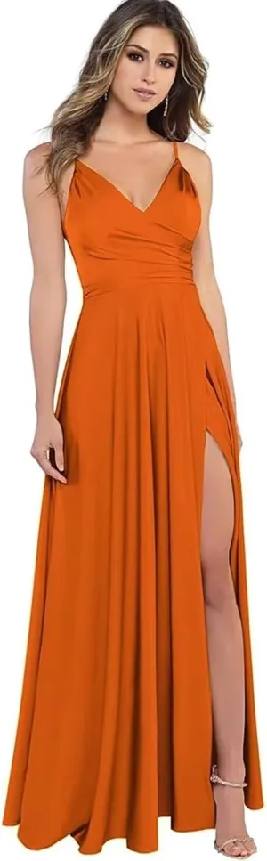 Spaghetti Strap V Neck Satin Bridesmaid Dresses for Women Long A Line Evening Formal Gowns Prom Dress with Slit