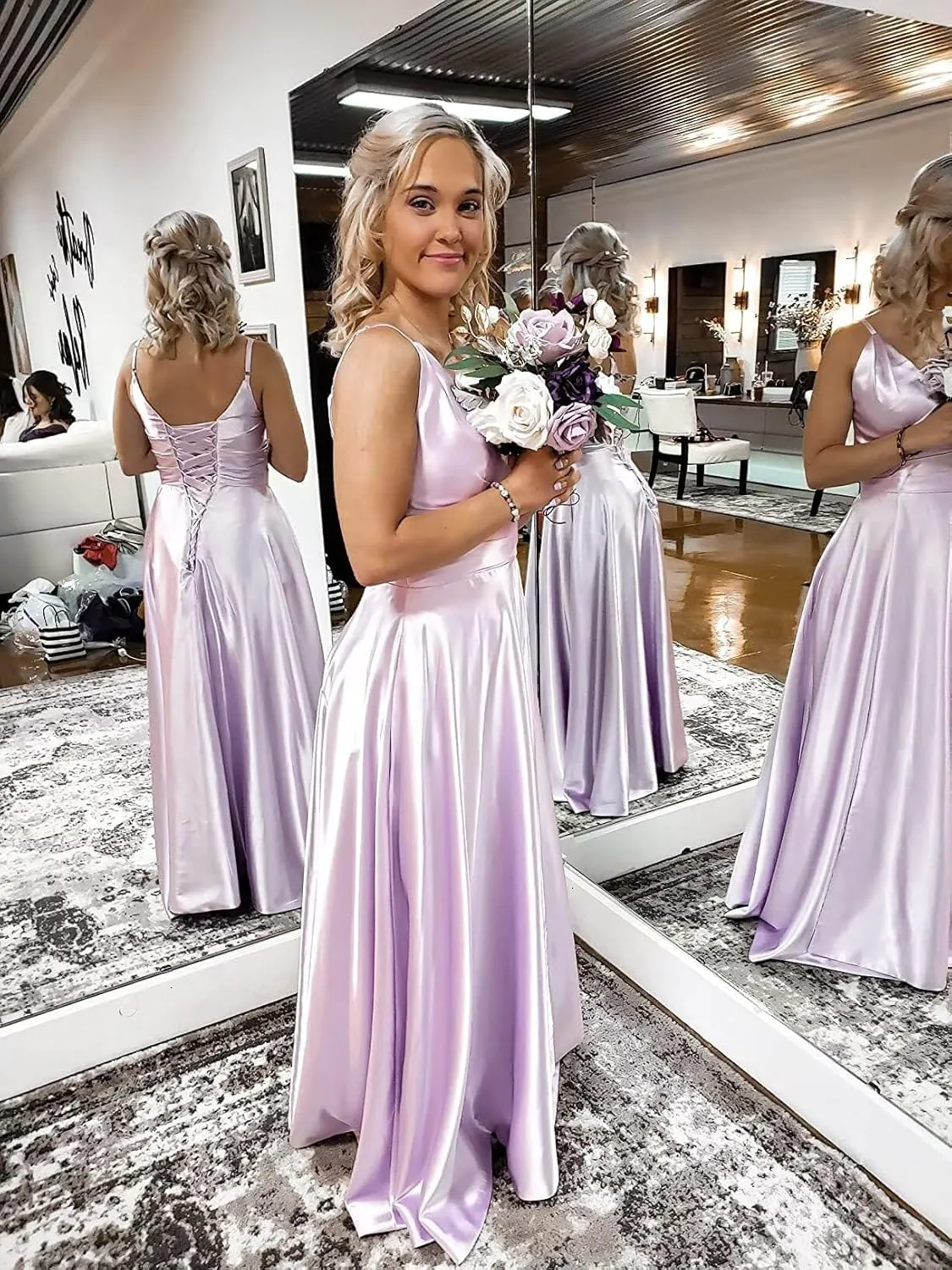 Spaghetti Strap V Neck Satin Bridesmaid Dresses for Women Long A Line Evening Formal Gowns Prom Dress with Slit