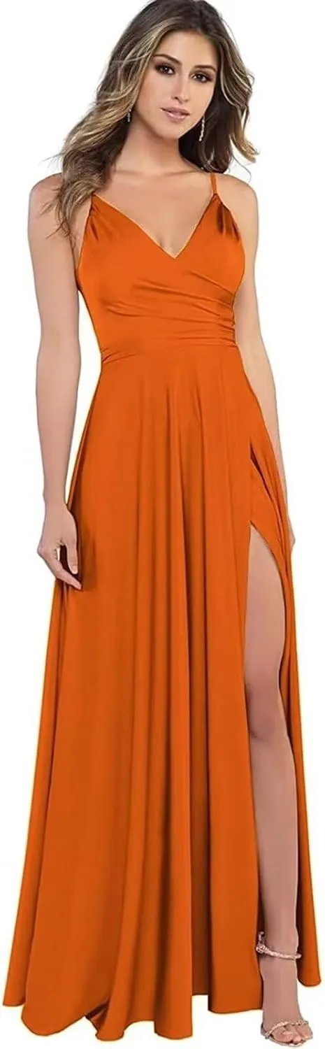 Spaghetti Strap V Neck Satin Bridesmaid Dresses for Women Long A Line Evening Formal Gowns Prom Dress with Slit