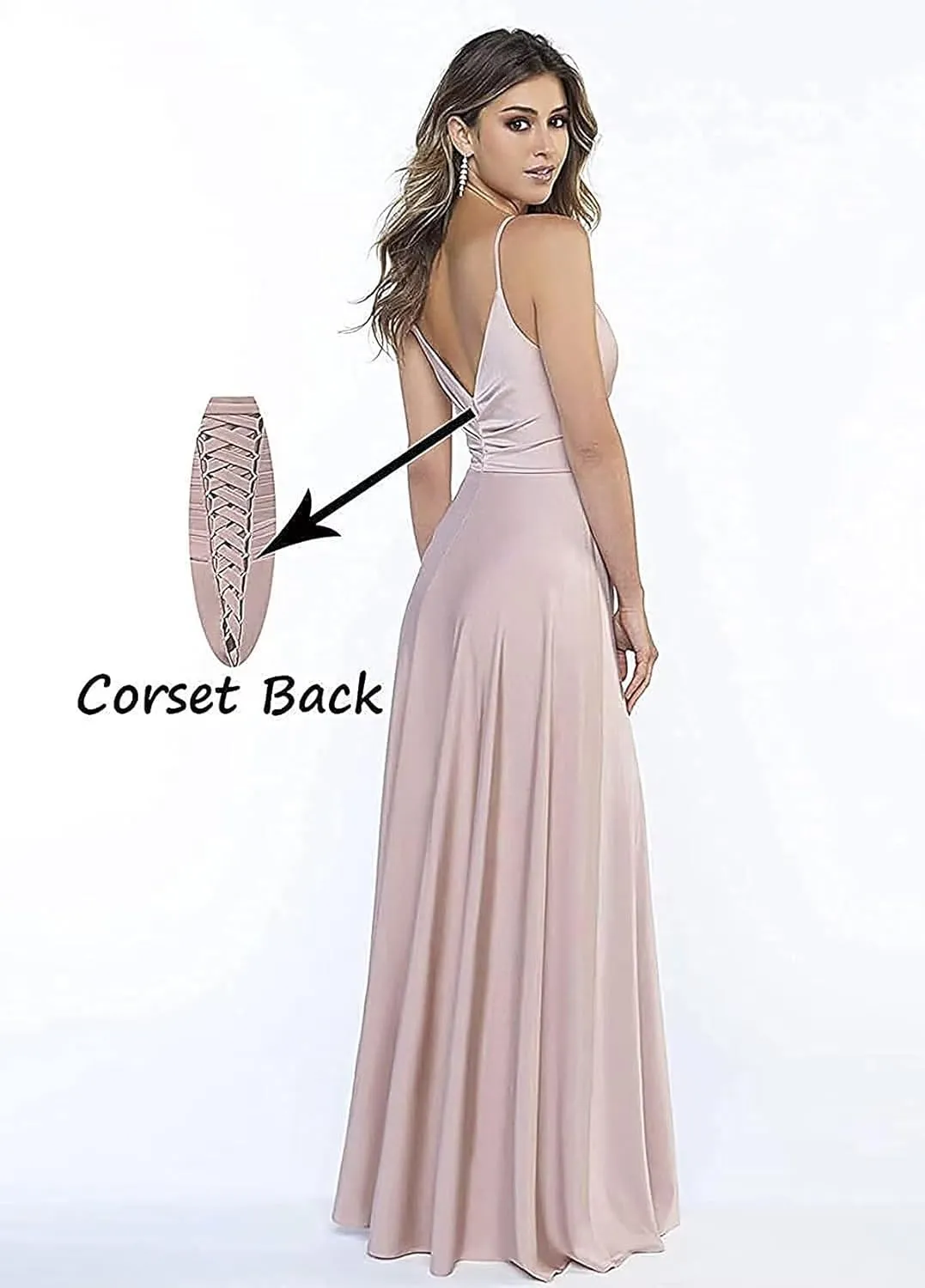 Spaghetti Strap V Neck Satin Bridesmaid Dresses for Women Long A Line Evening Formal Gowns Prom Dress with Slit