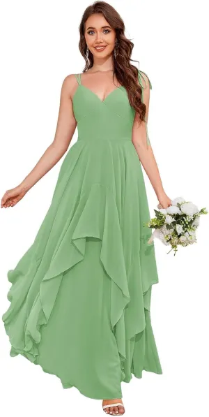 Spaghetti Straps Chiffon Ruffle Bridesmaid Dresses Long Ruched A Line Formal Dress Evening Gowns