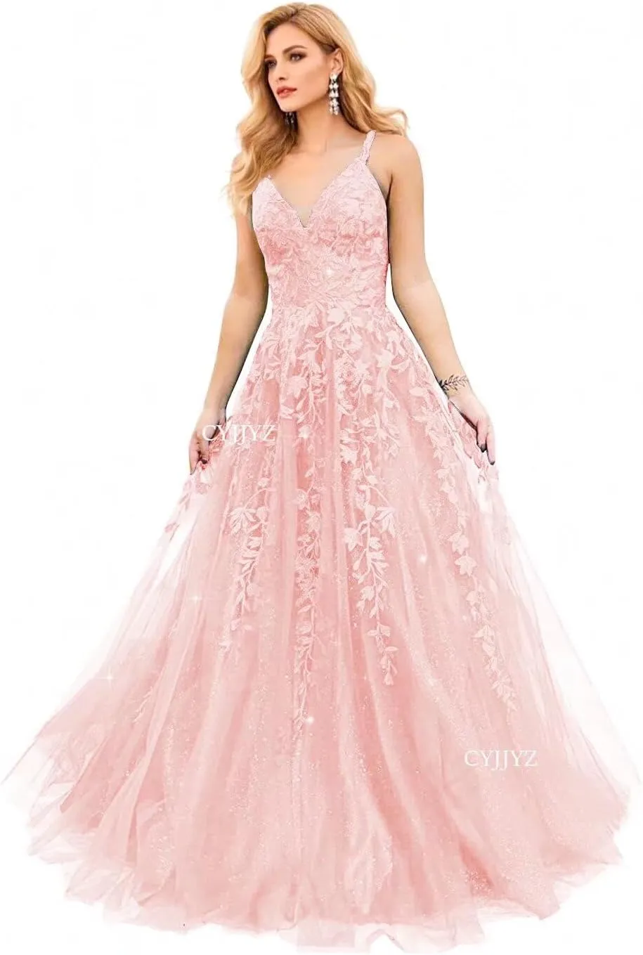 Sparkly Tulle Prom Dresses 2025 Lace Appliques Long Ball Gown Spaghetti Straps V Neck Corset Formal Evening Gown