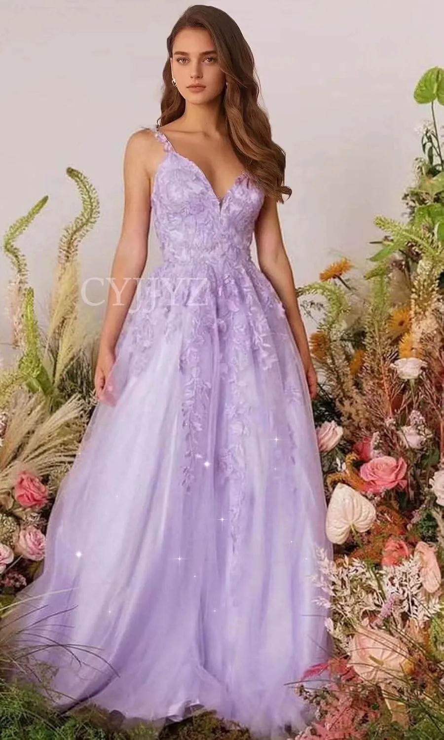 Sparkly Tulle Prom Dresses 2025 Lace Appliques Long Ball Gown Spaghetti Straps V Neck Corset Formal Evening Gown