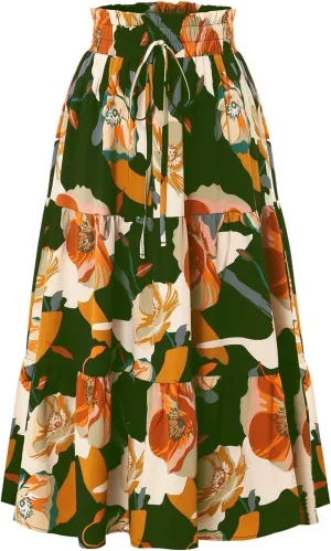 Spring Skirts for Women 2025 Floral Beach Midi Skirt Flowy Tiered Elastic High Waisted Skirts Swing A Line Skirt