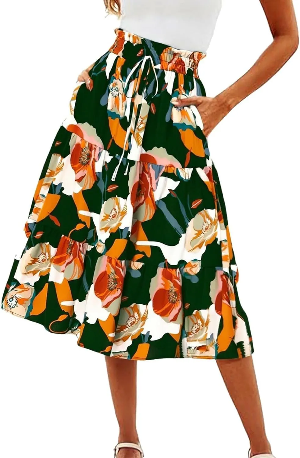 Spring Skirts for Women 2025 Floral Beach Midi Skirt Flowy Tiered Elastic High Waisted Skirts Swing A Line Skirt
