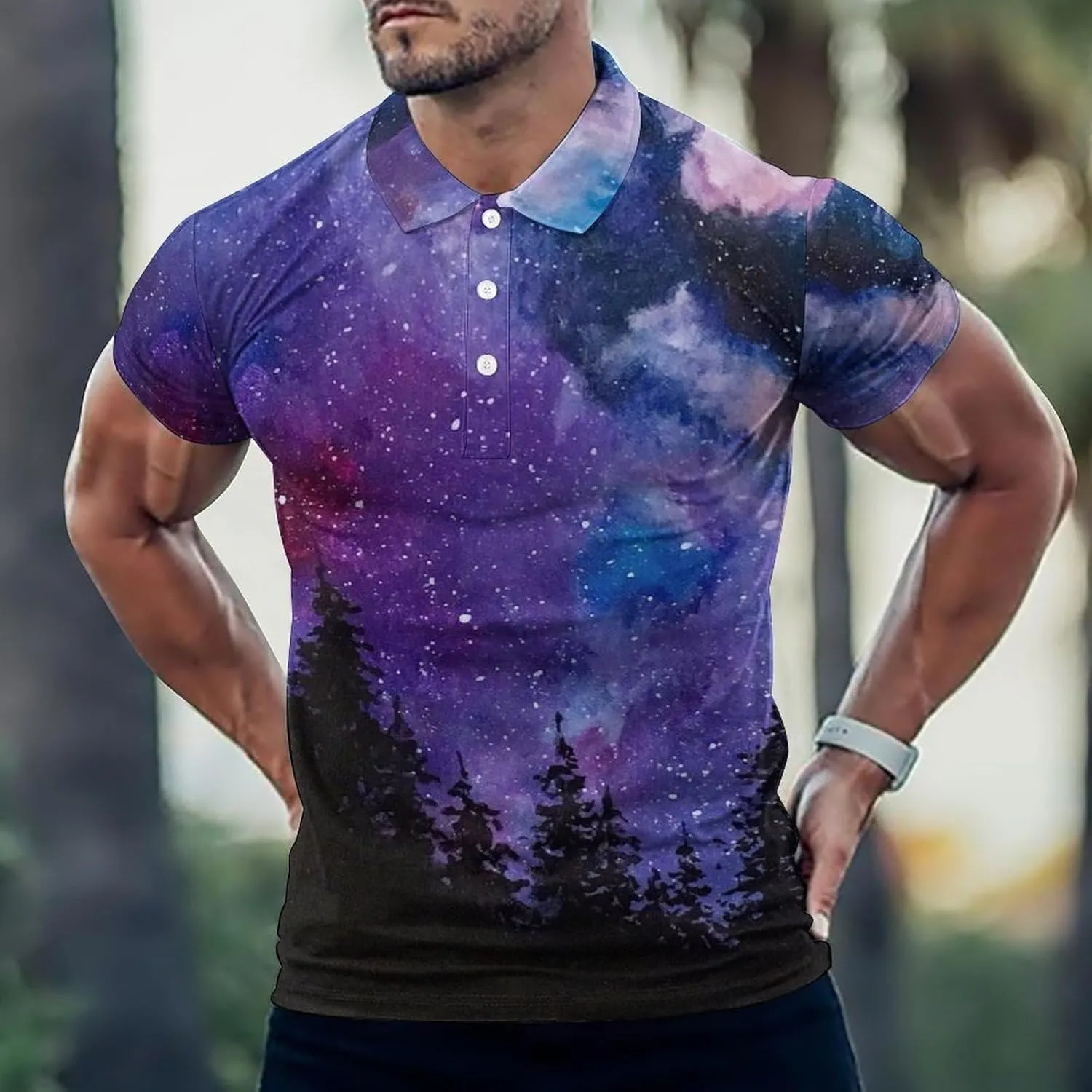 Starry Space Mens Polo Shirts Quick Dry Short Sleeve T-shirts Slim Tennis Collared Tees Tops