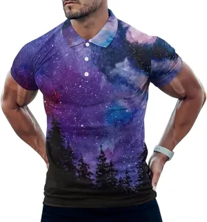 Starry Space Mens Polo Shirts Quick Dry Short Sleeve T-shirts Slim Tennis Collared Tees Tops
