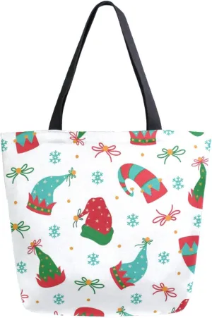 Stylish Extra Large Shoulder Grocery Tote Bag, Cute Christmas Elf Hats Ribbons Snow Canvas Daily Handle Bag for Gym Yoga Weekender Beach Travel Picnic Kitchen Reusable Market Shopping