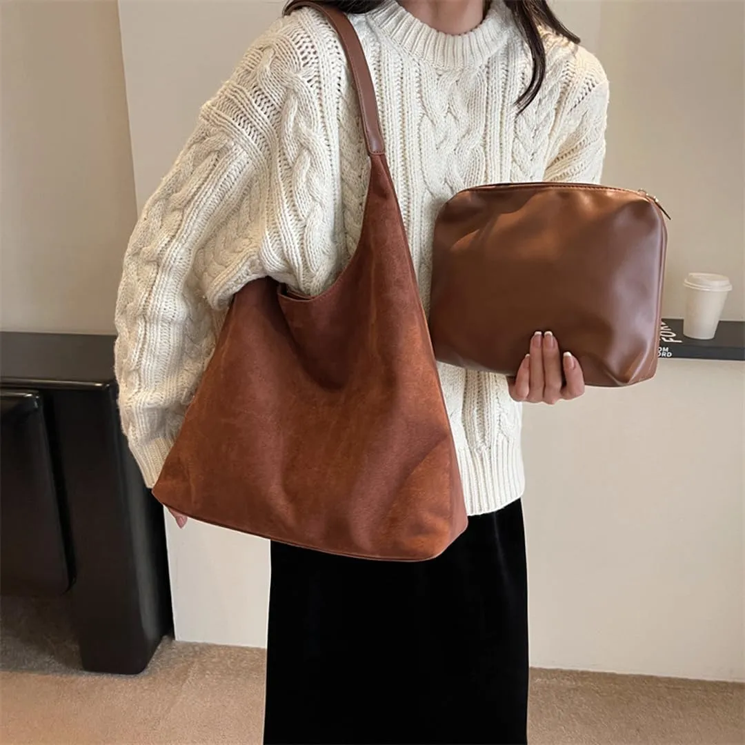 Suede Tote Bag for Women Retro Slouchy Bags Hobo Shoulder Tote Bag Large Suede Shoulder Bag for Travel College Work