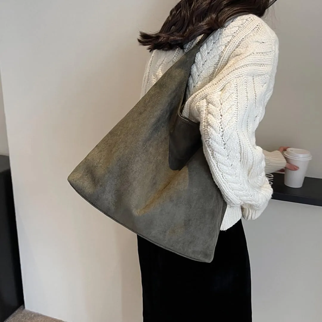 Suede Tote Bag for Women Retro Slouchy Bags Hobo Shoulder Tote Bag Large Suede Shoulder Bag for Travel College Work