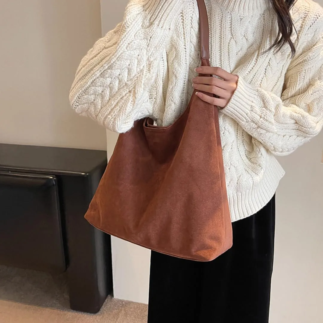 Suede Tote Bag for Women Retro Slouchy Bags Hobo Shoulder Tote Bag Large Suede Shoulder Bag for Travel College Work