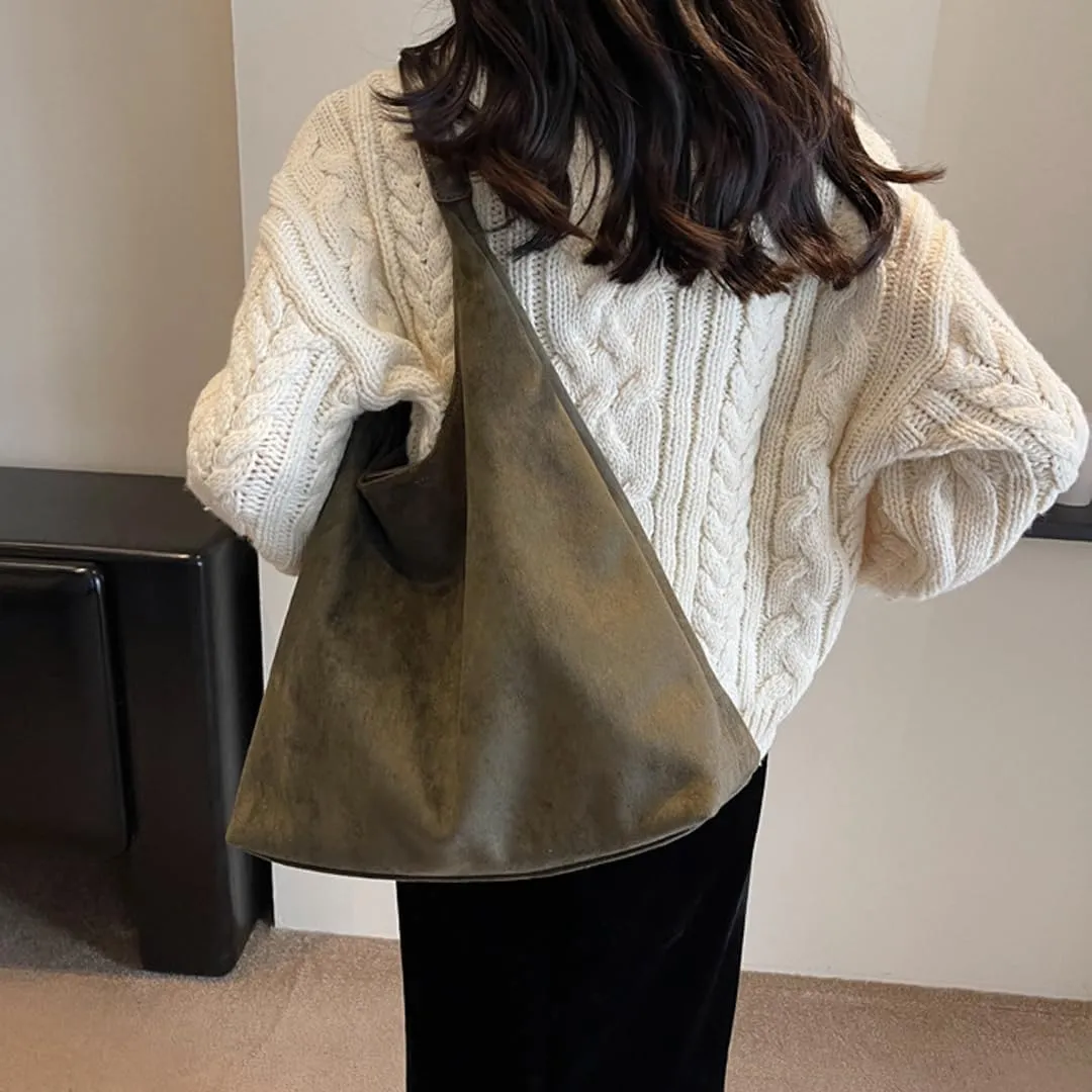 Suede Tote Bag for Women Retro Slouchy Bags Hobo Shoulder Tote Bag Large Suede Shoulder Bag for Travel College Work