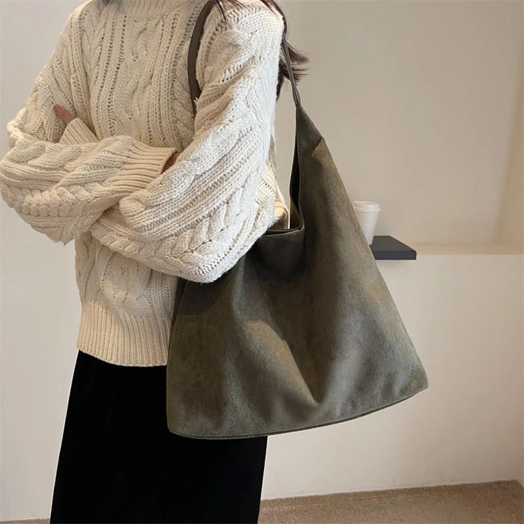 Suede Tote Bag for Women Retro Slouchy Bags Hobo Shoulder Tote Bag Large Suede Shoulder Bag for Travel College Work