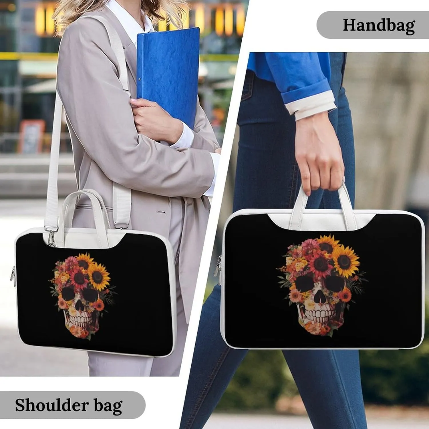 Sugar Skull Flowers Leather Bag Laptop Case Slim Water Resistant Computer Bags with Handle Briefcase for Work