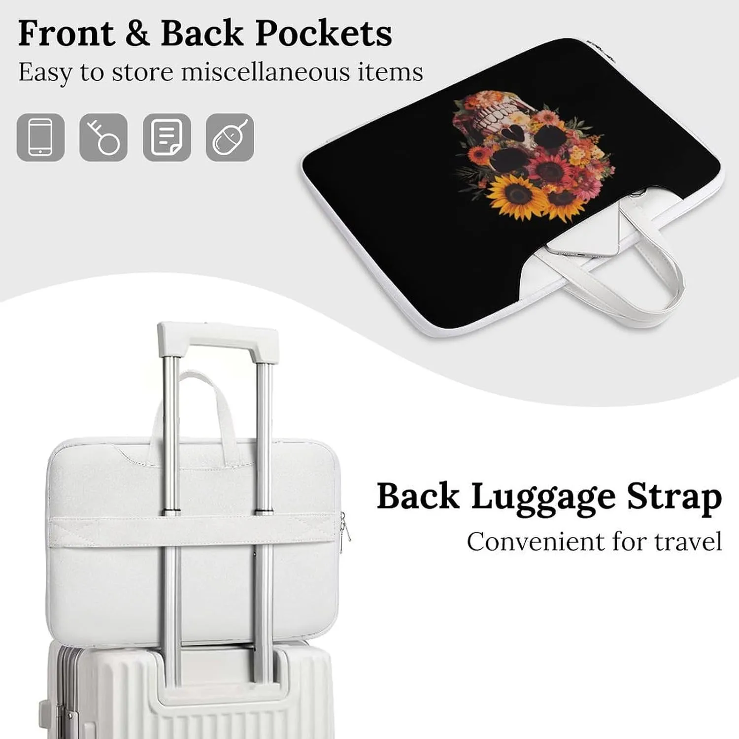 Sugar Skull Flowers Leather Bag Laptop Case Slim Water Resistant Computer Bags with Handle Briefcase for Work